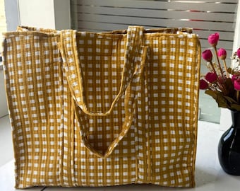 Handmade Block Print Quilted Tote Bag, Boho Cotton Shoulder Carryall Purse, Zipper Tote