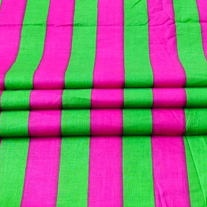 Block Print Cotton Voile Fabric: Pink & Green Stripe, Indian Textile