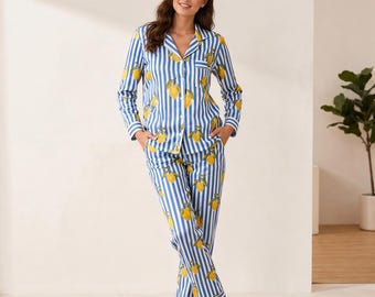 Blue Stripe Lemon Print Cotton Pajama Set, Long Sleeve Sleepwear Loungewear
