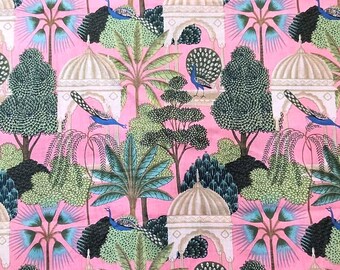 Peacock Garden Cotton Fabric: Pink Tropical Jungle Print - Sewing, Upholstery