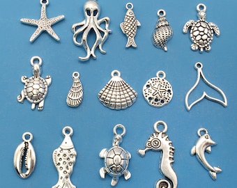 Mix15 / 20 Stück antikes Silber Ocean Serie Handwerk Charms Seestern Oktopus Schildkröte Anhänger für DIY Armbänder Ohrringe Halsketten Zubehör