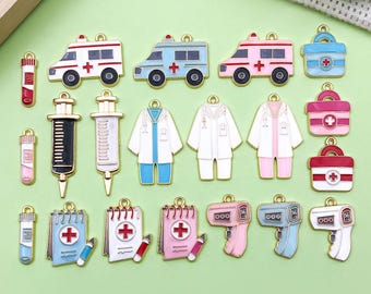 10/20pcs Enamel Medical Theme Series Charm Stethoscope Nurse Hat Thermometer Syringe Pendant for DIY Jewelry Making Crafts Accessories