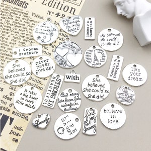 Mix20pcs a granel plata antigua redonda carta inspiradora placa dijes colgante para pulseras DIY pendientes collares joyería accesorio