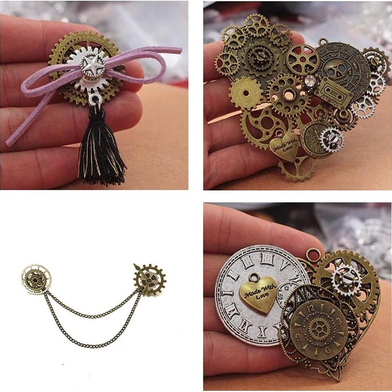 May include: Four different steampunk-style brooches with gears, clock faces, and a heart charm. The charms are made of metal and have a bronze finish. One brooch has a black tassel.