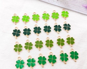 15/30/45PCS Green Enamel Lucky Clover Charms St. Patrick's Day Four Leaf Clover Charms Copper Lucky Clover Pendants  For Jewelry Making