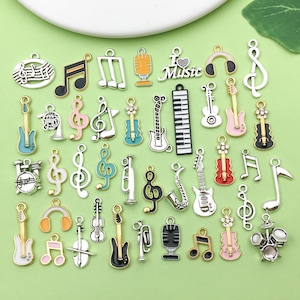 40pcs Bulk Enamel Music Charms Tibetan Guitar Notes Piano Musical Instruments Pendants for Jewelry Making DIY Keychain Craft Accessories