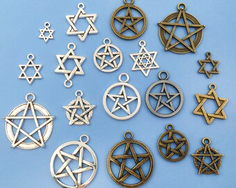 May include: A collection of 15 silver and bronze pentagram charms. The charms are in various sizes and styles, with some featuring a five-pointed star and others featuring a circle with a five-pointed star inside. The charms are perfect for jewelry making, scrapbooking, and other craft projects.