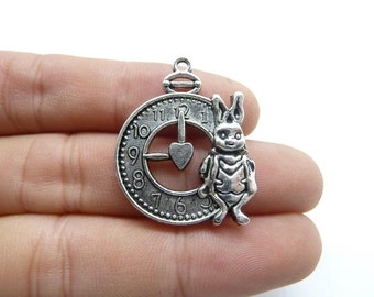 10pcs 25x31mm Antique Silver Alice Rabbit Bunny White Rabbit Watch Charm Pendant c8286