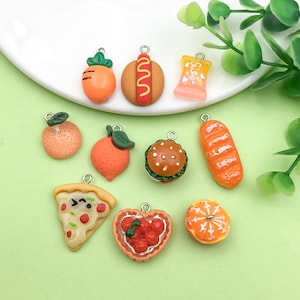 10pcs 3D Resin Cute Food Fruit Shape Bread Pizza Hamburger Orange Candy Charms Pendants for DIY Earrings Keychain Jewelry Making