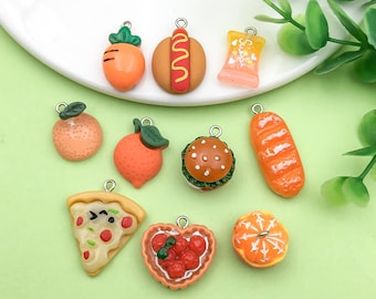 10pcs 3D Resin Cute Food Fruit Shape Bread Pizza Hamburger Orange Candy Charms Pendants for DIY Earrings Keychain Jewelry Making