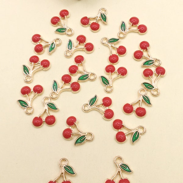 10/20/30pcs Enamel cherry fruit Charms Plated Gold Cute pendant For DIY Earring necklace Bracelet jewelry Making Accessories