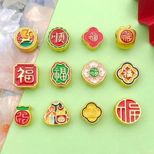 10/12pcs Chinese Style New Year Spacer Bead Charms Enamel Matte Gold Blessing Auspicious Bead For DIYCrafts Bracelet Necklace Jewelry Making