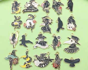 5/10/20pcs Mixed Fashion Enamel Gothic Style Black Crow Bird Charm Snake Pendant for DIY Jewelry Making Craft Supplies Accessories