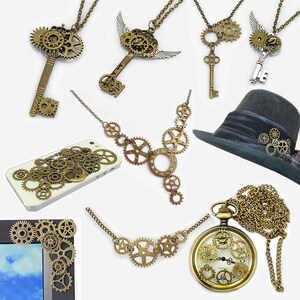 May include: A set of nine steampunk-style jewelry pieces featuring key-shaped pendants, necklaces, and a pocket watch with intricate gear designs. The jewelry is made of brass and has a vintage aesthetic.