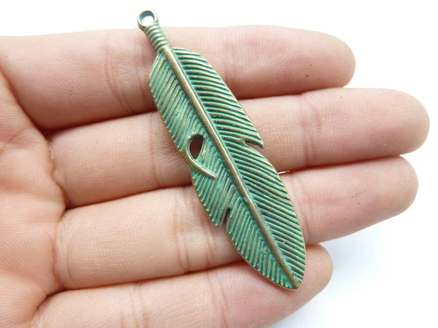 8pcs 15x61mm Feather Rustic Charms, Bronze with Green Patina Angel Wings Wing Rustic Patina Charms Pendant c8272