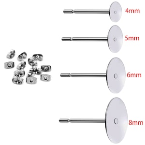 200PCS Nickel Free  High Quality Stainless Steel Earring Posts With 4 5 6 8 mm Pad And Stopper Earring Stud Post Earring Blank Earring post
