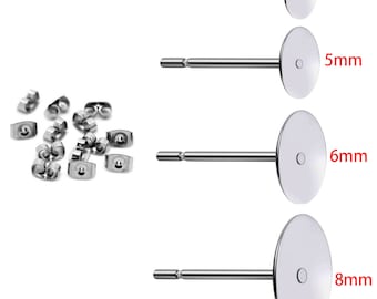 200PCS Nickel Free  High Quality Stainless Steel Earring Posts With 4 5 6 8 mm Pad And Stopper Earring Stud Post Earring Blank Earring post