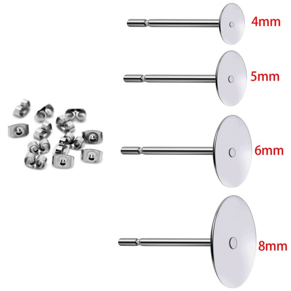 200PCS Nickel Free  High Quality Stainless Steel Earring Posts With 4 5 6 8 mm Pad And Stopper Earring Stud Post Earring Blank Earring post