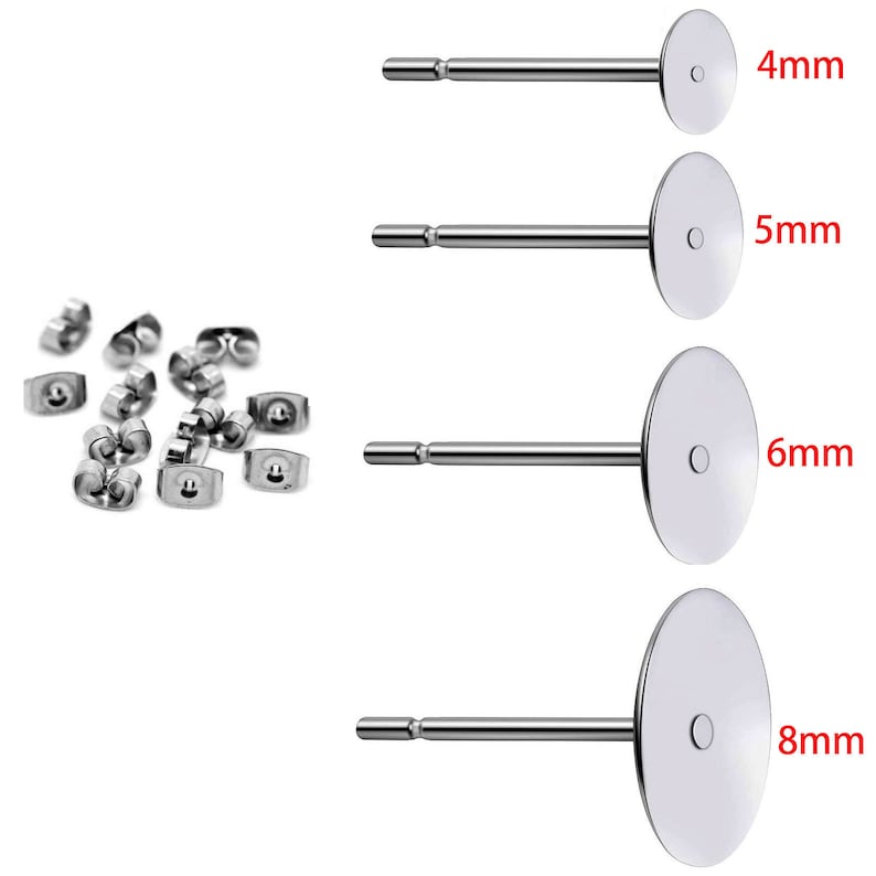 200 st nickelfria örhängesstift i rostfritt stål av hög kvalitet med 4, 5, 6, 8 mm dyna och propp, örhängesstift, tomt örhängesstift bild 1