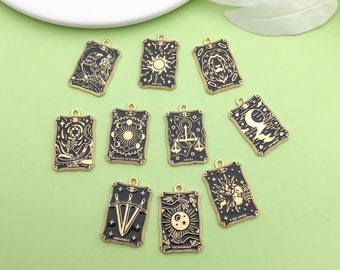 10pcs Random Mix Black Alloy Enamel Tarot Card Pendants, Sun & Moon Patterns, Rectangle, For Earring Necklace Charm DIY Making Accessories