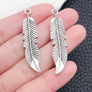10pcs Antique Silver Feather Charm DIY Pendant for Jewelry Making Craft Supplies 10x45mm