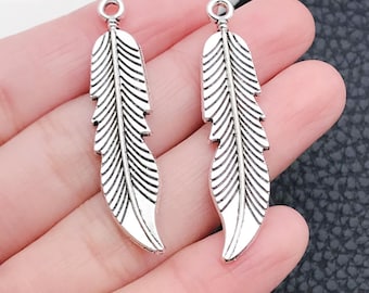 10pcs Antique Silver Feather Charm DIY Pendant for Jewelry Making Craft Supplies 10x45mm