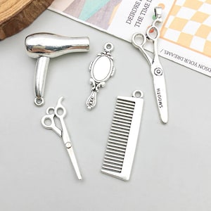10pcs Antique Silver Hairdressing Tools Scissors Hair Dryer Comb Mirror DIY Charm For Jewelry Handmade earring Necklace Bracelet Accessories