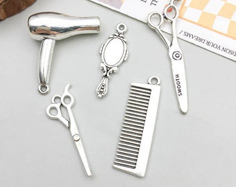 10 Uds. Herramientas de peluquería de plata antigua tijeras secador de pelo peine espejo DIY encanto para joyería pendiente hecho a mano collar pulsera Accesorios