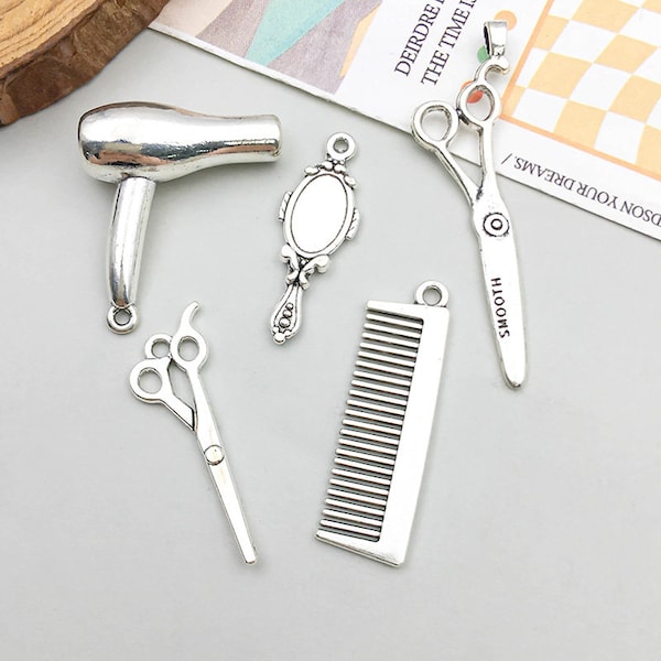 10pcs Antique Silver Hairdressing Tools Scissors Hair Dryer Comb Mirror DIY Charm For Jewelry Handmade earring Necklace Bracelet Accessories