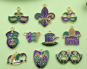 10pcs Mix Mardi Gras Charms Carnival Mask Crown Jester Enamel Pendants for Bracelets Necklace Earrings Making DIY Crafts Accessory Gifts