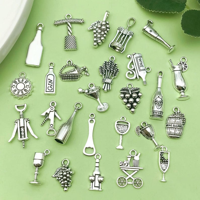 25pcs Mix Antique Silver Wine Charms Tasting Wine Grape Cocktail Glass ...