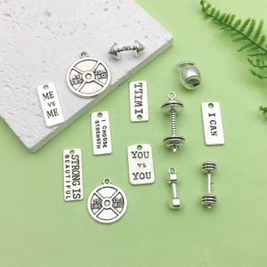 Mix 10/13pcs Silver Sports Equipment Charms Pendants Collection-Tags Kettle Bell Dumbbell Barbell Weight, For DIY Jewelry Making Supplies