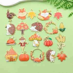10/20pcs Fashion Enamel Fall Thanksgiving Charms Turkey Pumpkin Maple Leaf Pendants DIY for Jewelry Making Decoration Craft Accessories