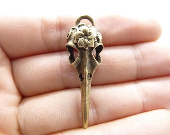 5pcs 10x35mm Antiqued Bronze  Flower Vulture Bird Skull Head Pendant c5894