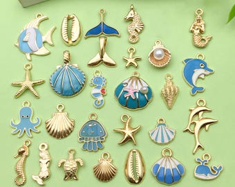 28pcs Bulk Enamel Sea Life Charm KC Gold Shell Starfish Gold Plated Pendant for Beach Jewelry Making DIY Craft Keychain Ornament Accessories
