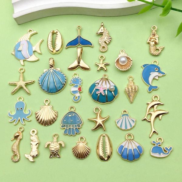 28pcs Bulk Enamel Sea Life Charm KC Gold Shell Starfish Gold Plated Pendant for Beach Jewelry Making DIY Craft Keychain Ornament Accessories