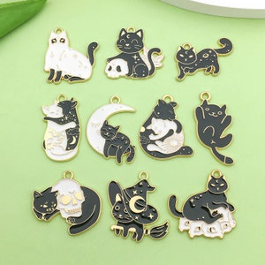 10pcs Fashion Enamel stars moon Skeleton cat Charm DIY Pendant for Bracelet Earrings Jewelry Making Accessories Craft Supplies