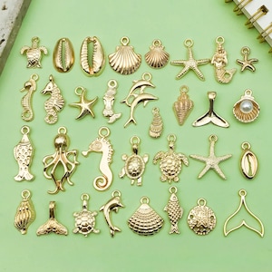 30pcs Mix Bulk KC Gold Shell Dolphin Sea Life Charm for Bracelet Earrings Necklace Jewelry Craft Accessories DIY Finding Jewelry Making
