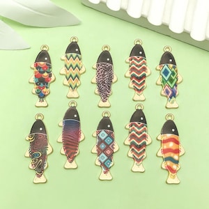 10pcs Enamel Fish Charms Printed Marine Sea Animal Lucky Koi Fish Pendants for DIY Earring Necklace Bracelet Keychain Jewelry Craft Making