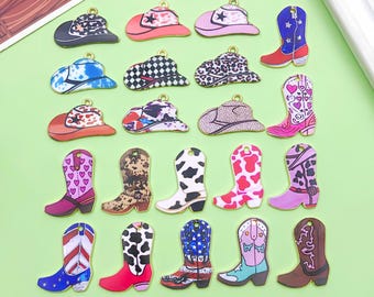 10/20pcs Fashion Enamel Western Cowboy Charm Cowboy Hat Boots Gold Plated Pendant for Women Jewelry Necklace Earrings Craft Making Finding