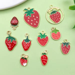 10/20pcs Enamel strawberry fruit charm Charms Plated Gold pendant For DIY Earring necklace Bracelet jewelry Making Accessories