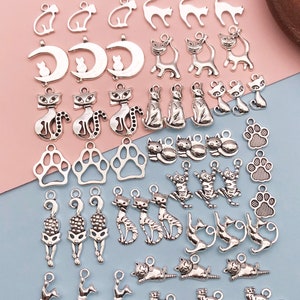Mix50pcs bulk Antique Silver cat Charms pendant for DIY Bracelets Earrings Necklaces jewelry making Accessory