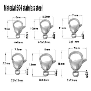 May include: Six different sizes of silver-toned lobster clasps, made of 304 stainless steel. The clasps are shown with their dimensions in millimeters.