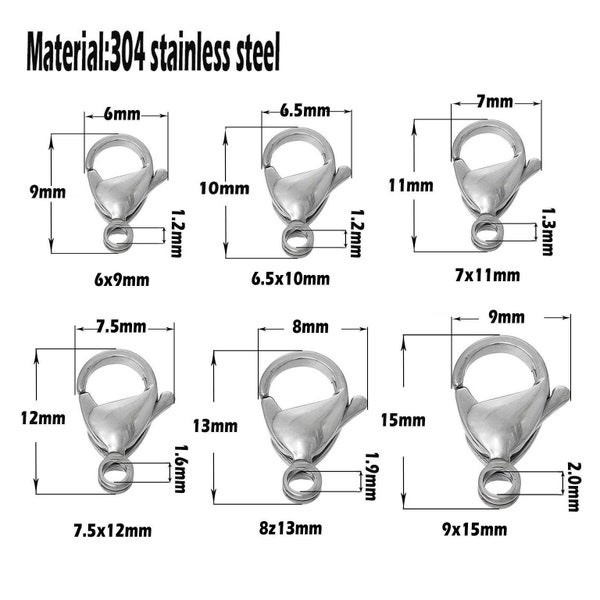 Taille 9 10 11 12 13 15 mm Fermoirs mousquetons en acier inoxydable argenté Fermoirs à griffes Fermoirs à gâchette Findingds pour la fabrication de bijoux Collier Bracelet