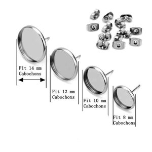 May include: Four silver earring settings with posts, designed to fit 14mm, 12mm, 10mm, and 8mm cabochons. The settings are shown against a white background.