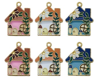 5pcs Enamel Mushroom house charm Gold Plated Cute Pendant For Earring necklace Diy Jewelry Making Accessories Findings
