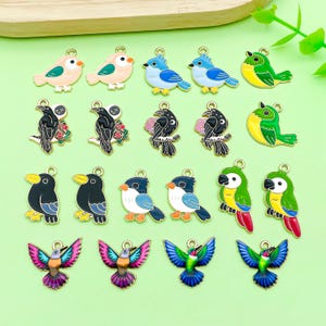 May include: A collection of metal enamel charms featuring various bird designs including pink, blue, green, and black birds, ravens with floral accents, parrots, and colorful hummingbirds, each with a small loop at the top for attachment.