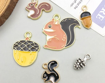 12pcs Enamel Pine Cone Squirrel Charm Pendant for Bracelet Earrings Jewelry Making Accessories