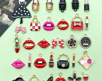 30pcs Bulk Enamel Temperament Woman Lipstick Lips Bag Charm DIY Gold Plated Pendant for Necklace Bracelet Jewelry Making Supplies