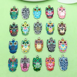 May include: A collection of twenty owl-shaped charms in various colors, including blue, green, pink, and red. Each charm features a detailed design with a silver-colored loop at the top for attaching to jewelry or other crafts. The owls have different patterns.